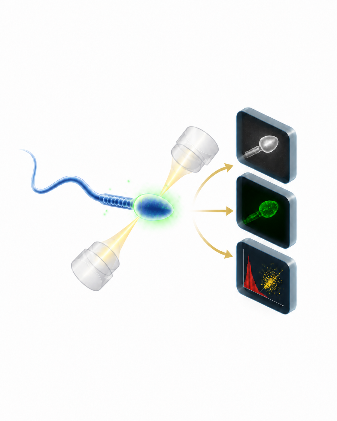 Blue sperm cell analyzed by diagonal single-cell phenomics sensors