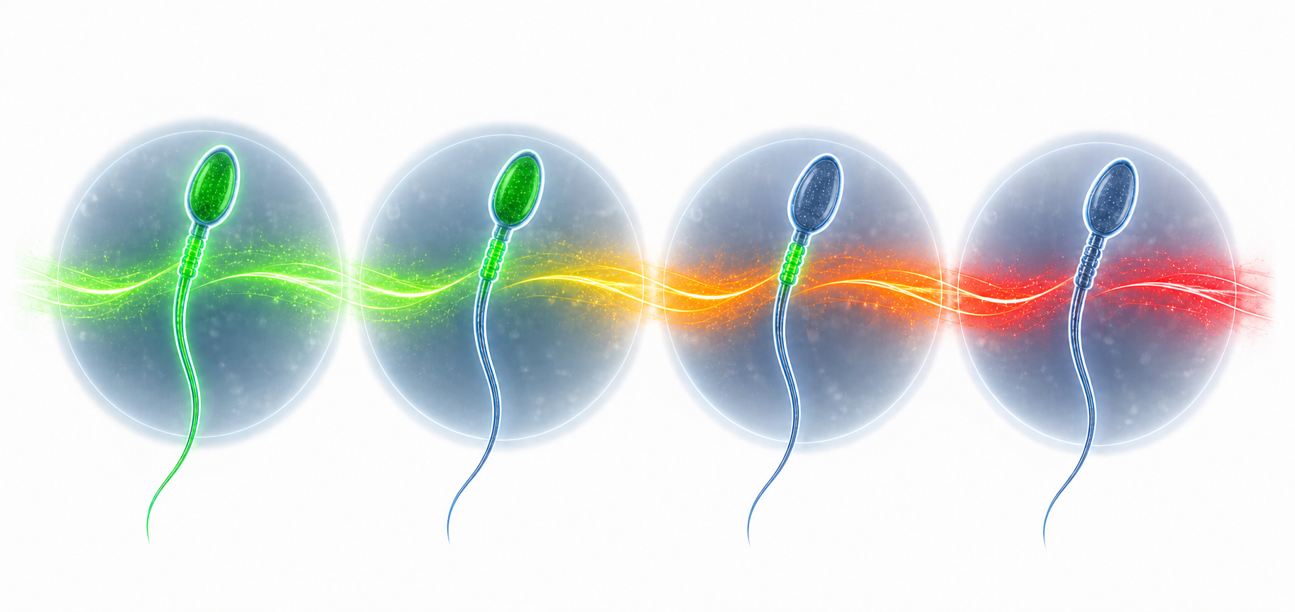 Four sperm zinc signatures with fluorescent green, orange, and red signal progression